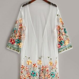 Plus floral embroidered sheer kimono